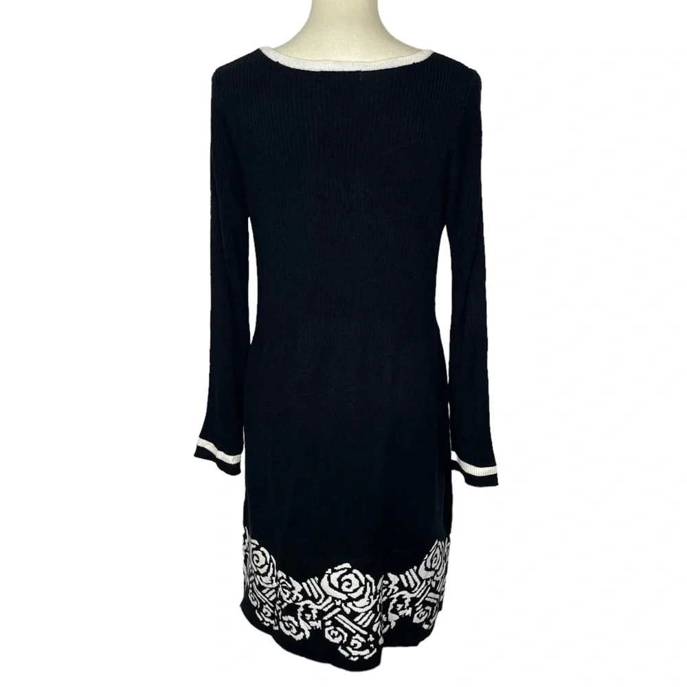 London Times Dress Womens Large Black White‎ Rose Ribbed Knit Sweater Acrylic